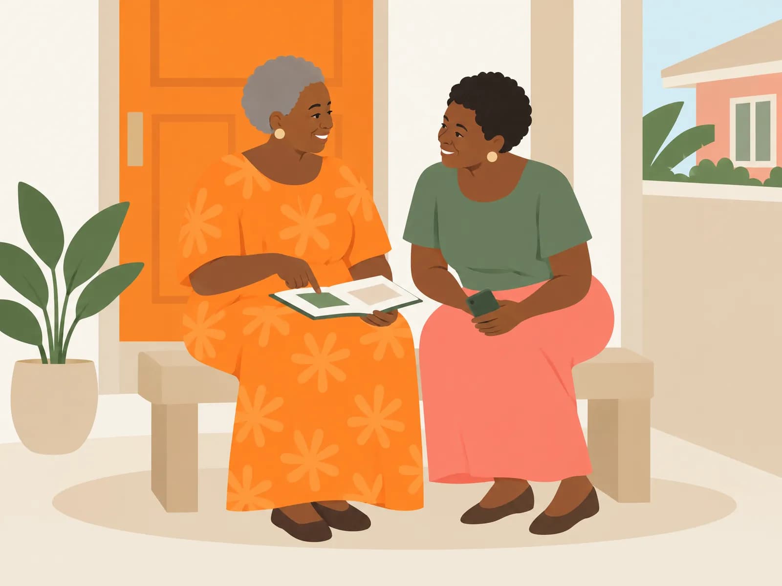 Illustration of two neighbours on a bench outside a front door in Lagos; one points to her choice in a notebook while the other listens.