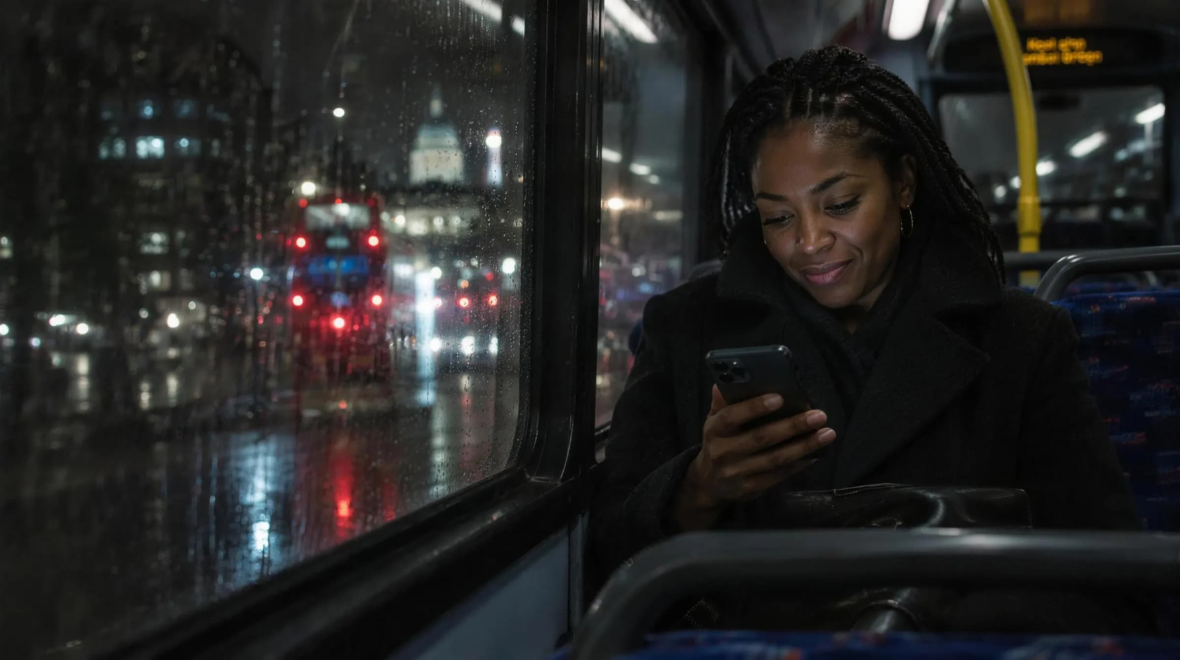 A woman on a London night bus smiling as she reads a message on her phone