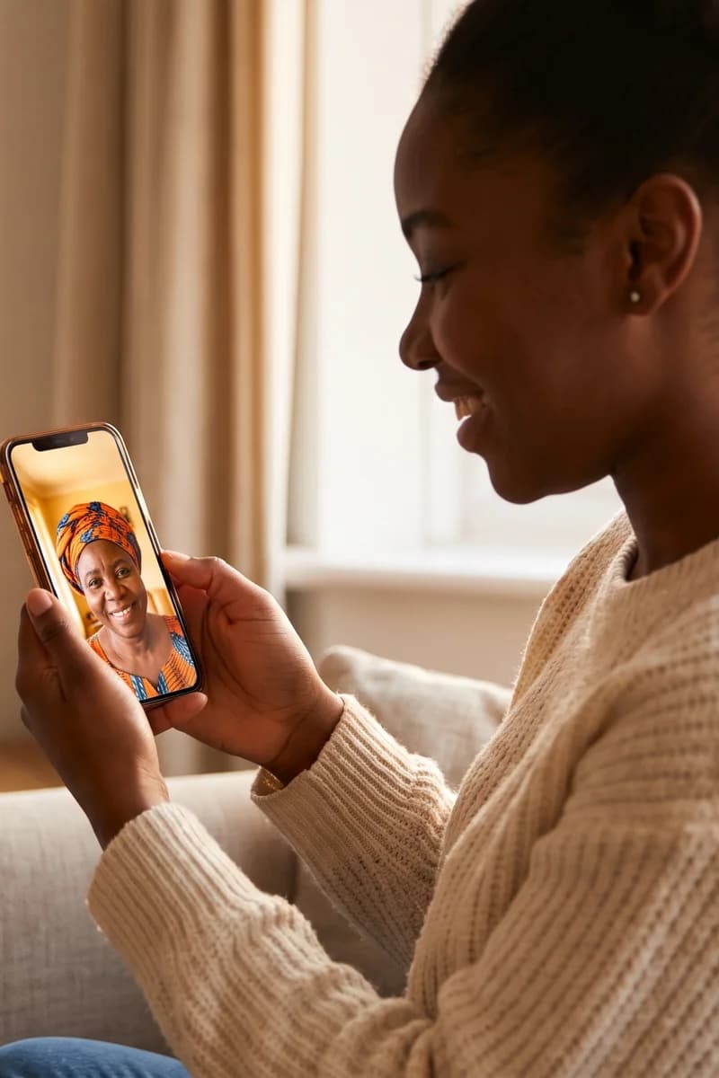A daughter in the UK on a video call with her mum in Nigeria