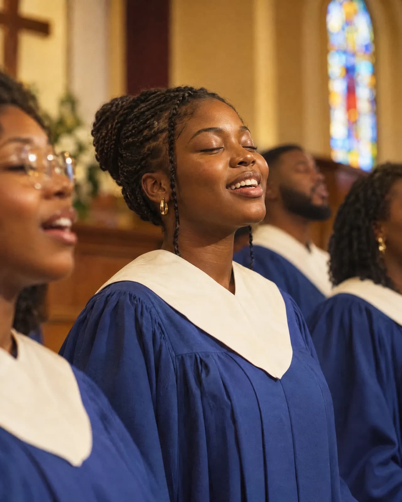 A young woman singing in a church choir