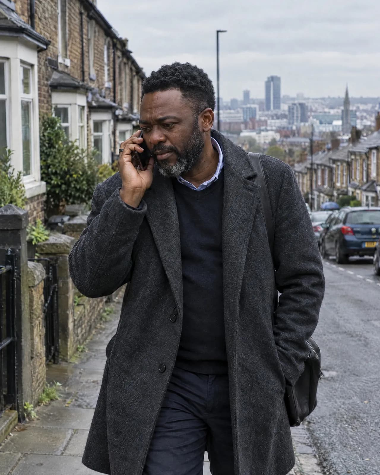 A man listening carefully on the phone as he walks down a terraced street