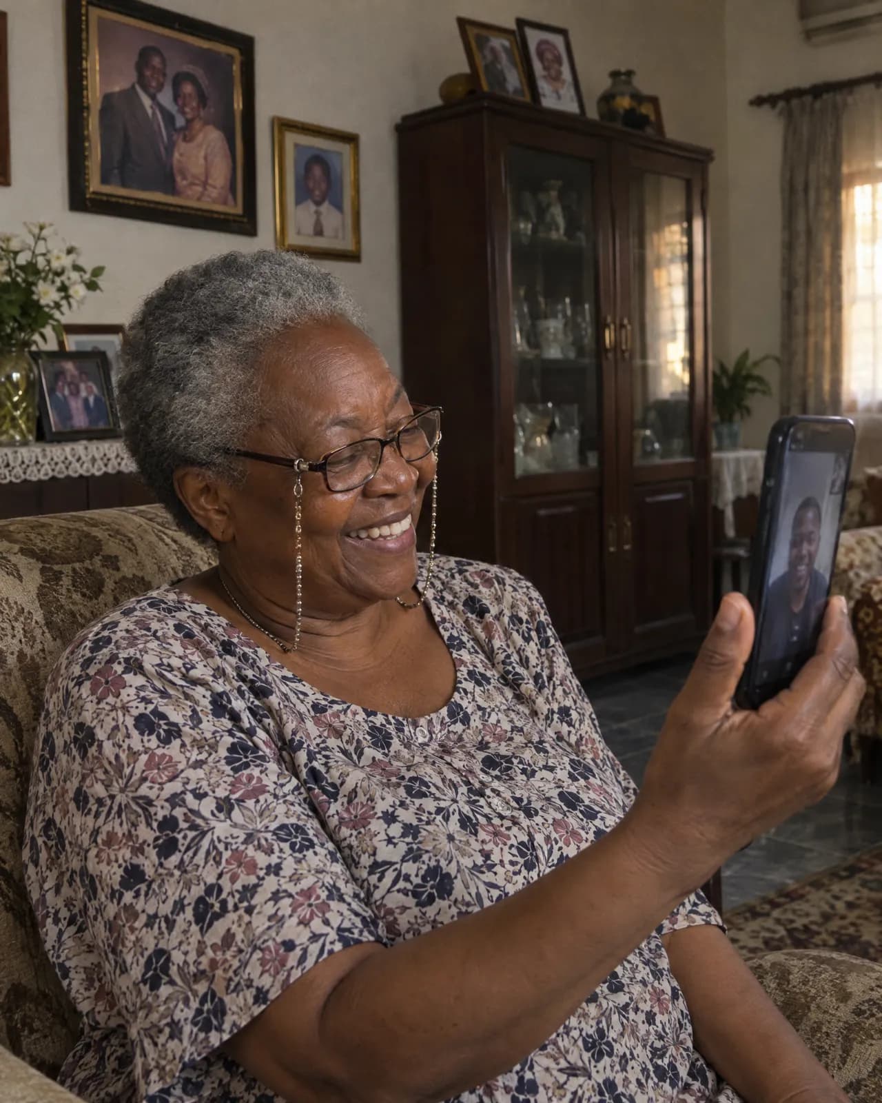 An older woman laughing on a video call