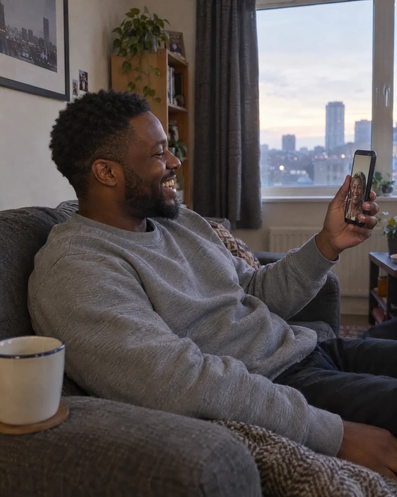 A young man on a video call from his sofa