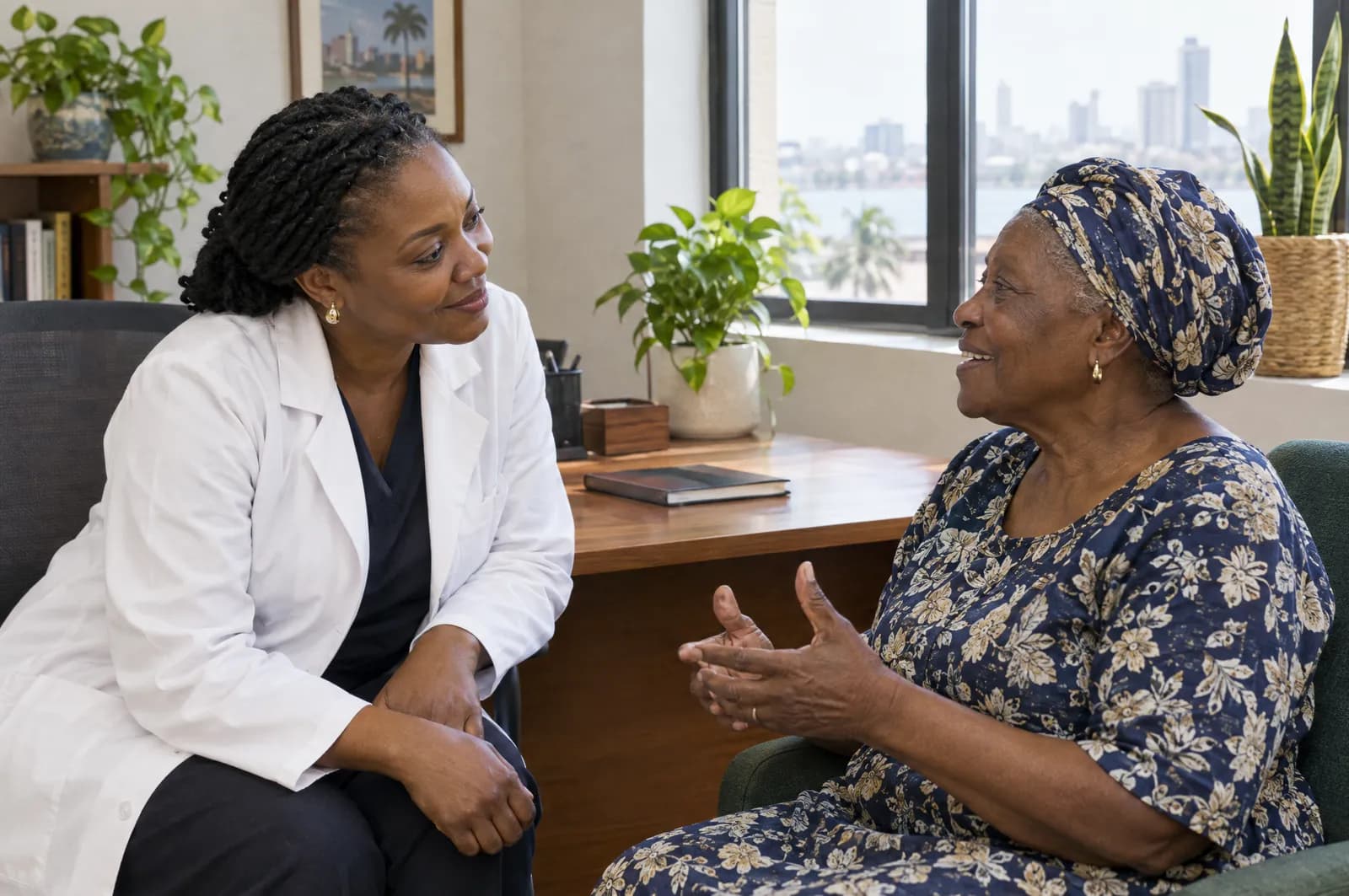 A doctor listening to an older woman in a calm consulting room
