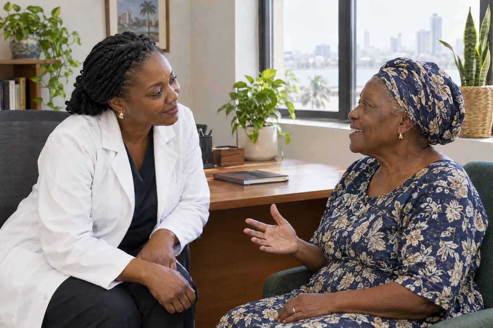 A doctor listening to an older woman in a calm consulting room