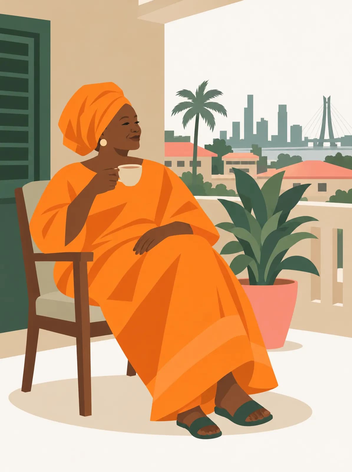 An older woman settled on her balcony in Ikoyi with a cup of tea