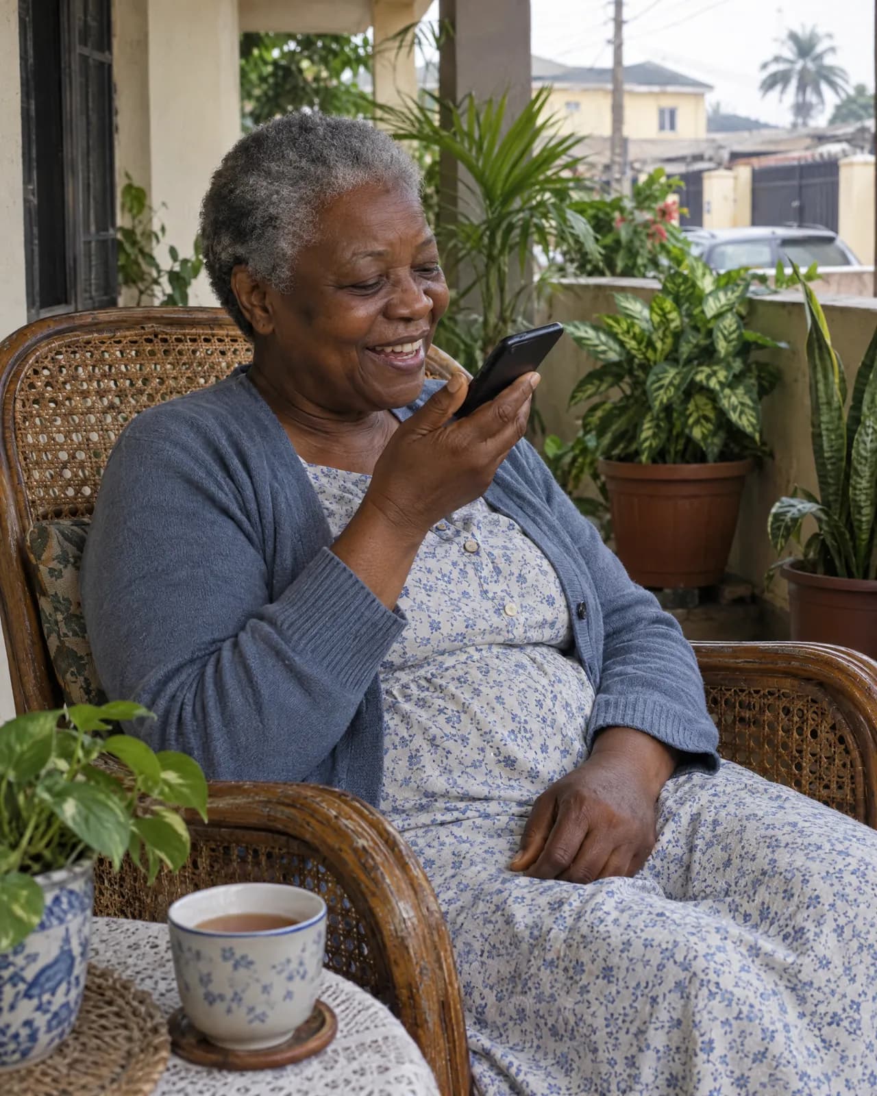 An older woman on her veranda, laughing as she records a voice note