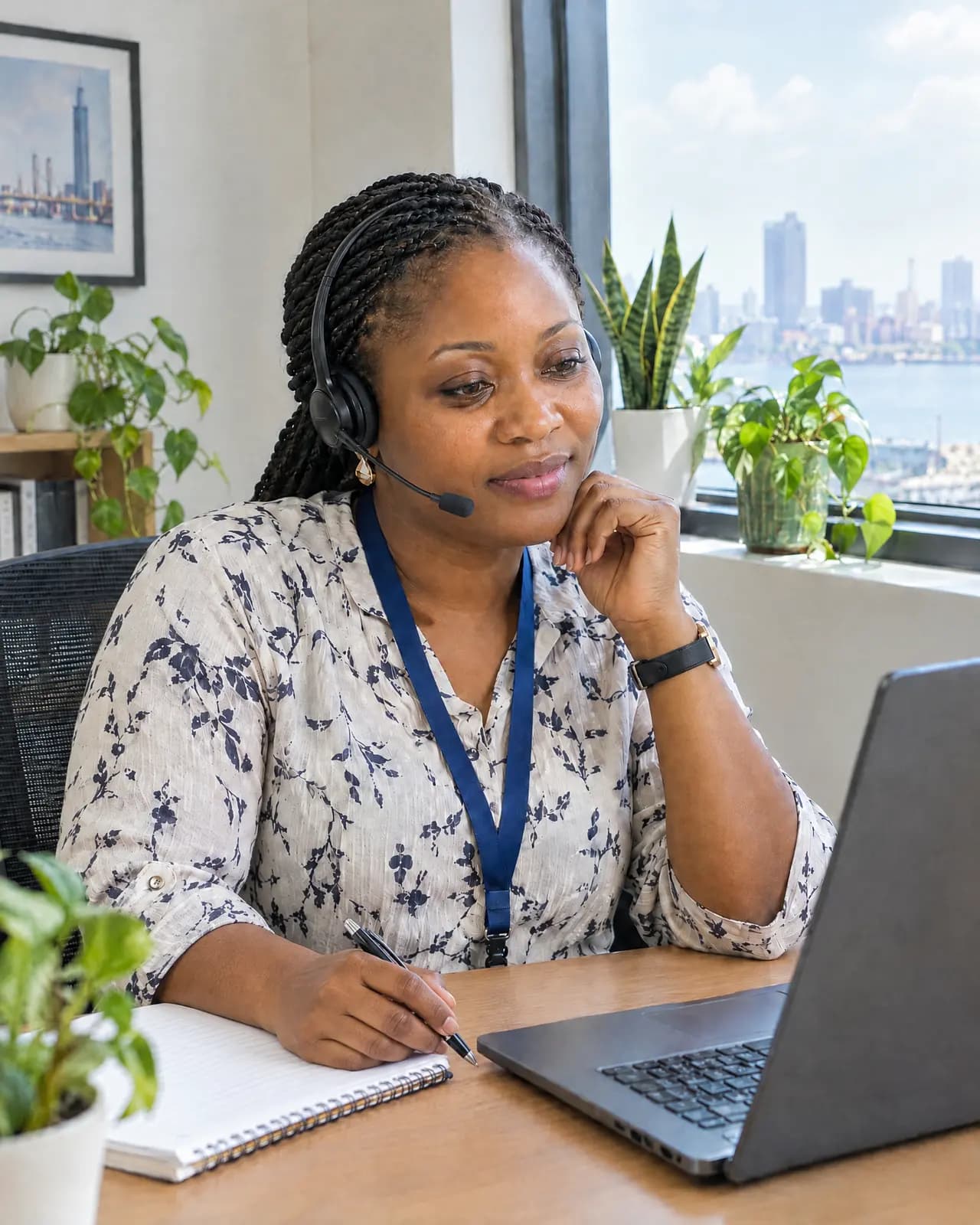 A Kinkeeper at her desk on a call, listening carefully