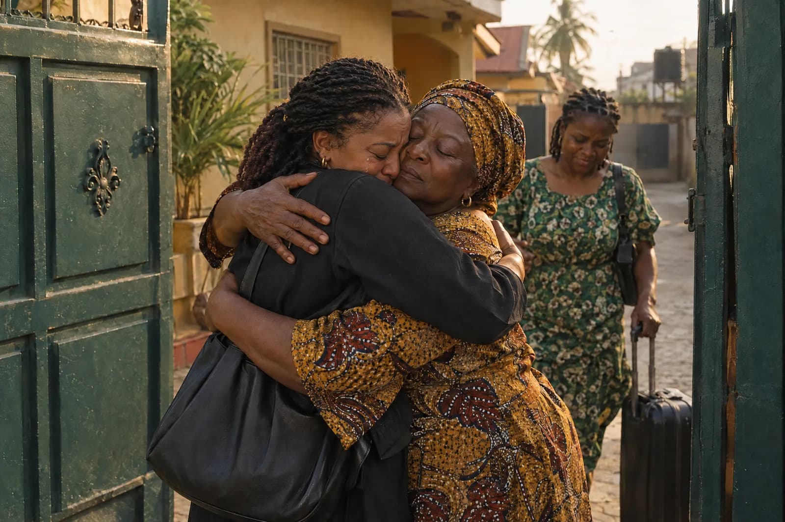 A woman arriving home with her suitcase, held in a long embrace by her aunt at the gate