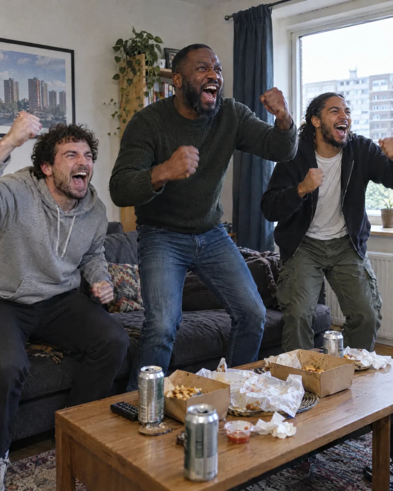 Three friends jumping up from the sofa to celebrate a goal