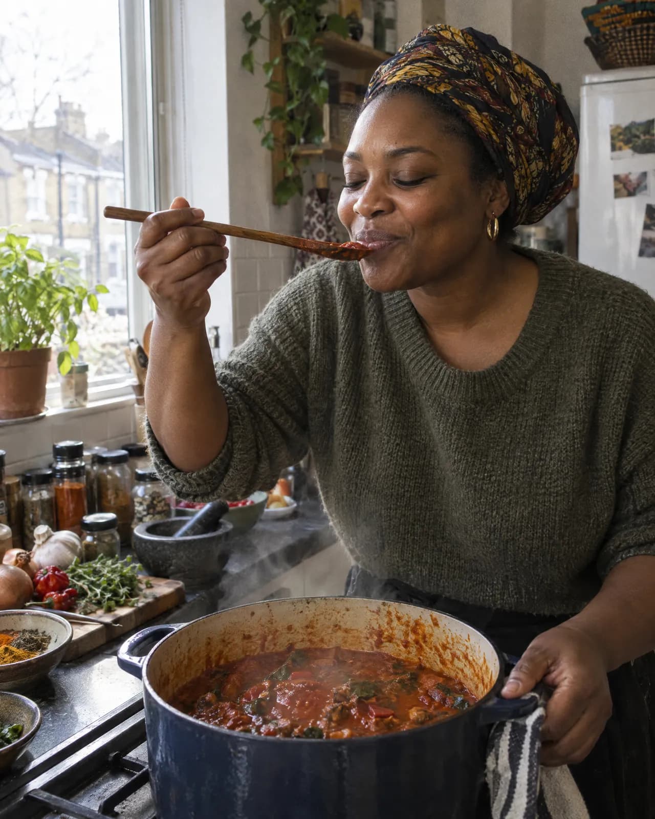 A woman in her kitchen tasting a pot of Sunday stew