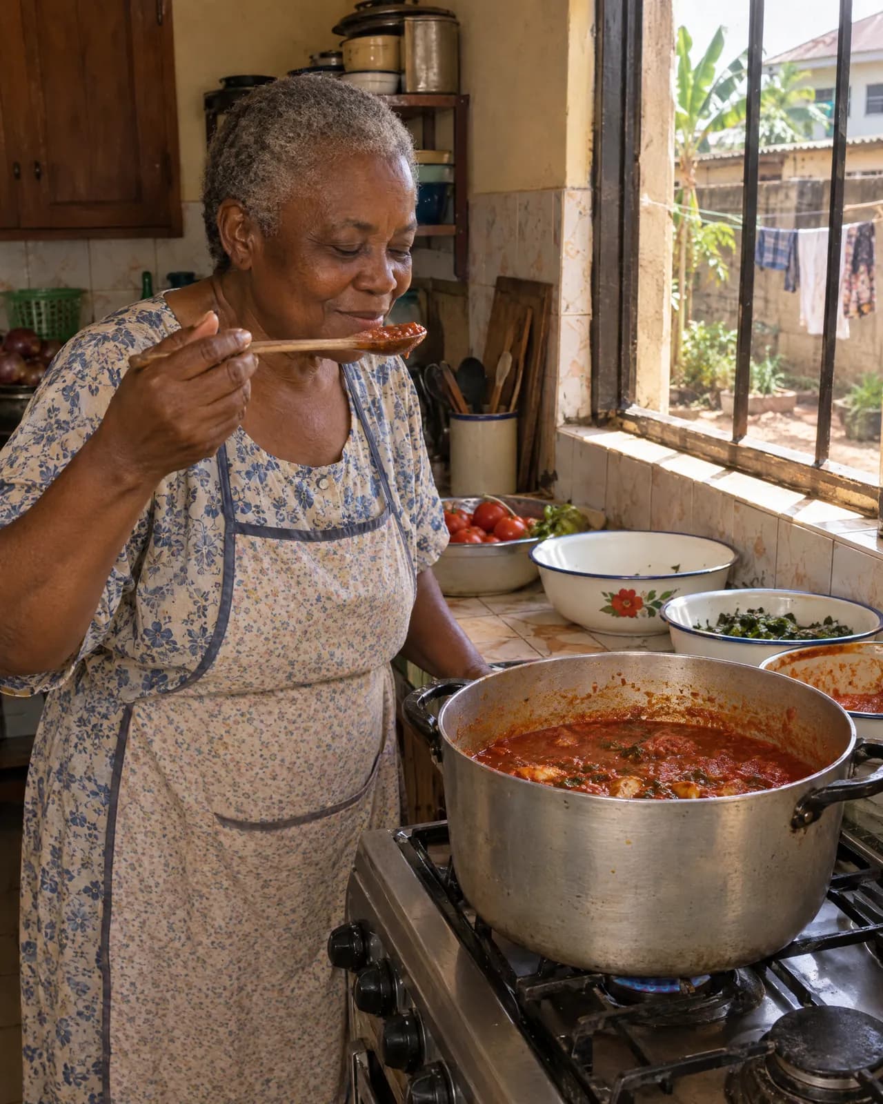 An older woman in her kitchen tasting the same Sunday stew