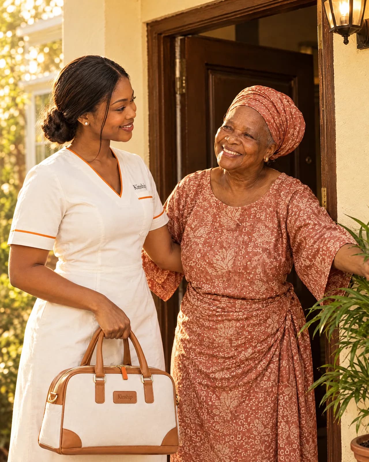 A Kinship nurse arriving with her kit bag, greeted at the door by an older woman