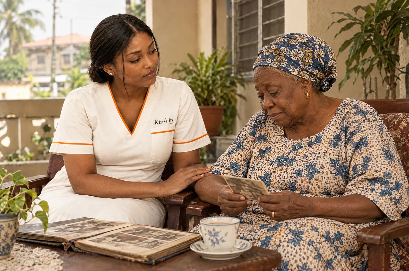 An older woman looking at an old photograph on her veranda, a Kinship visitor beside her with a hand on her arm