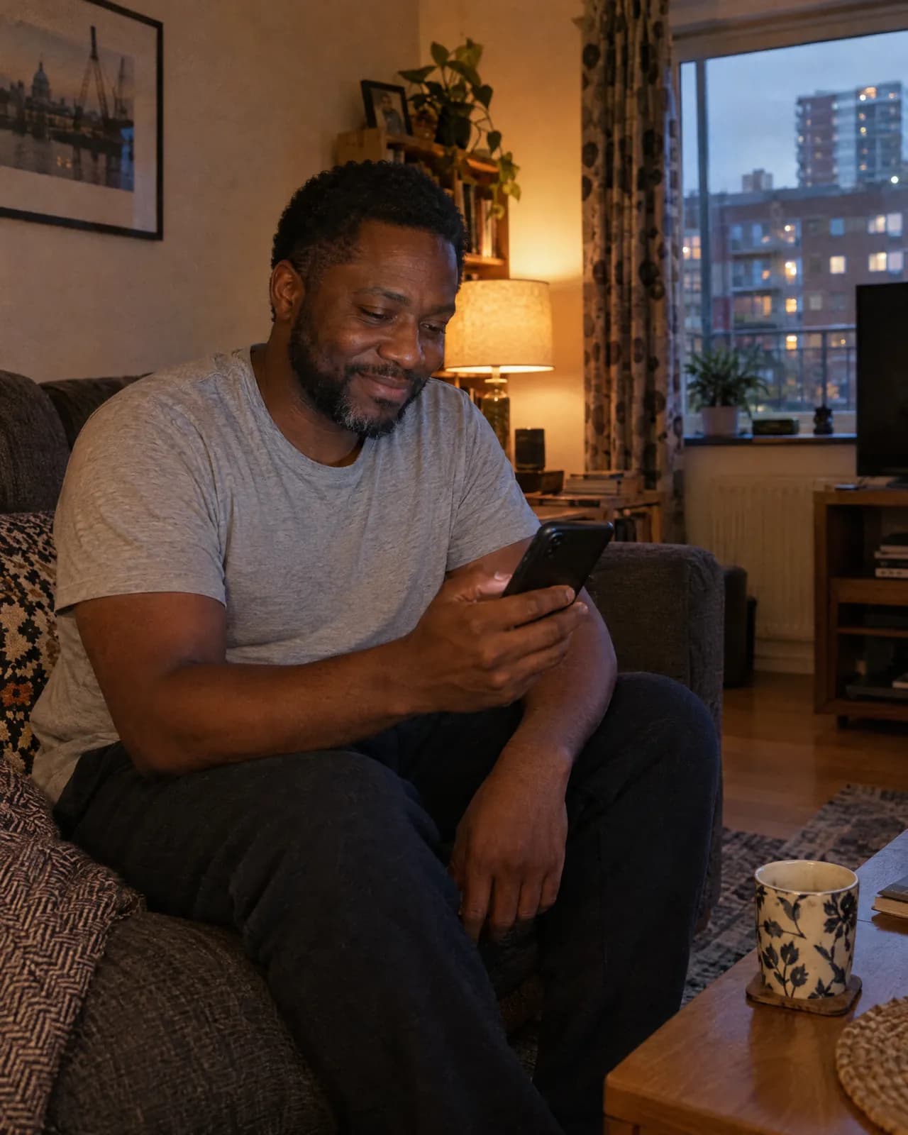 A man on his sofa after work, reading an update on his phone