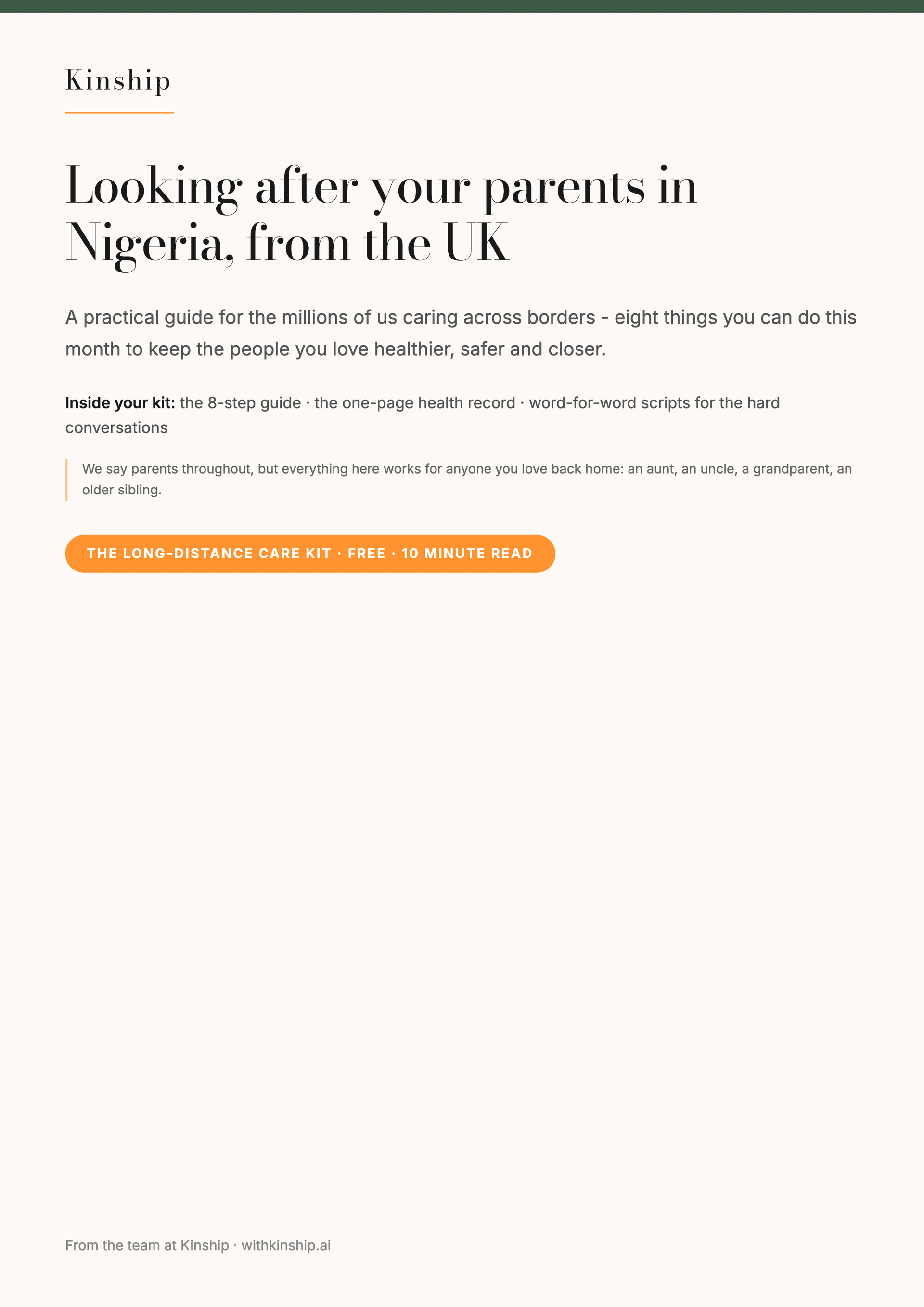 Cover of the Kinship guide Looking after your parents in Nigeria, from the UK.