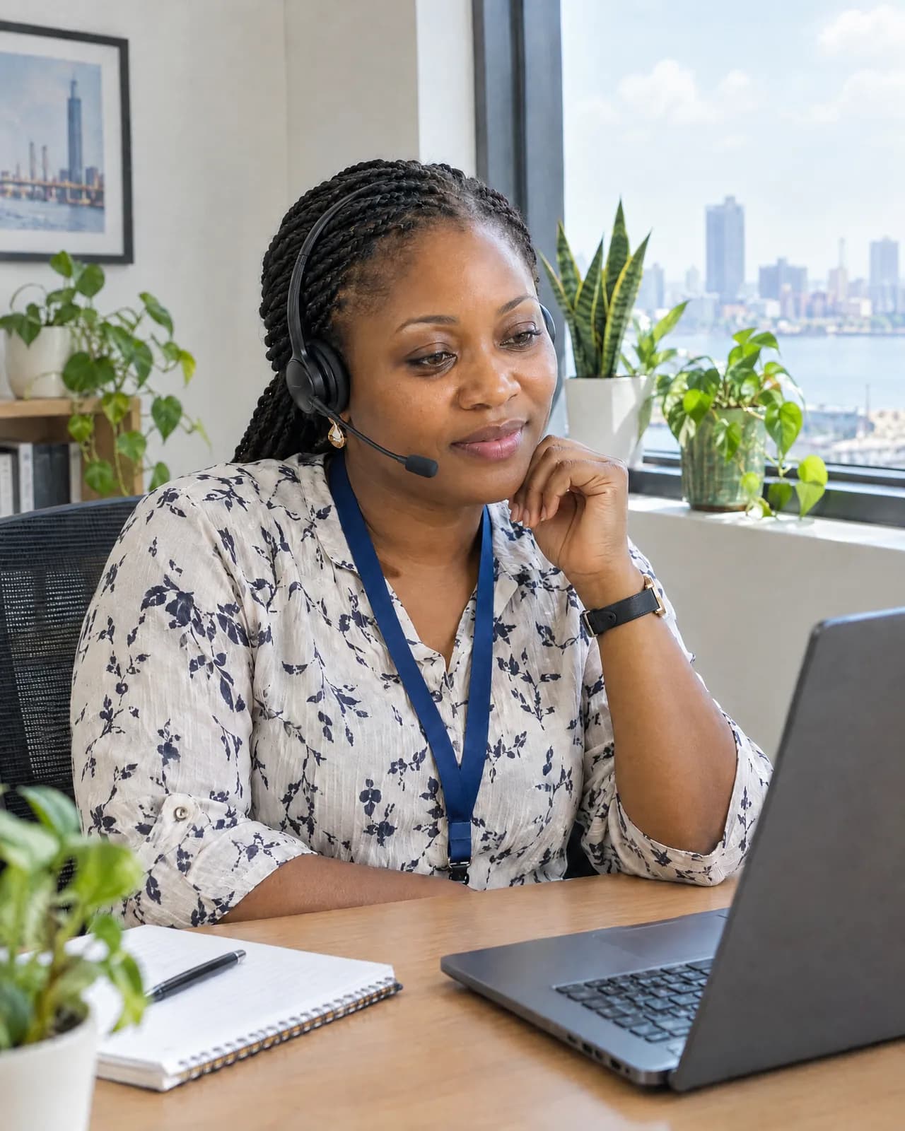 A Kinkeeper at her desk on a call, listening carefully