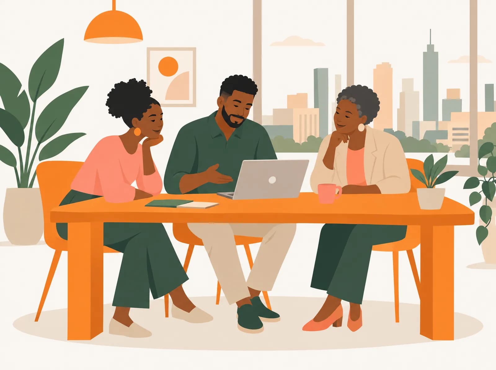 Illustration: colleagues at a table in a bright office