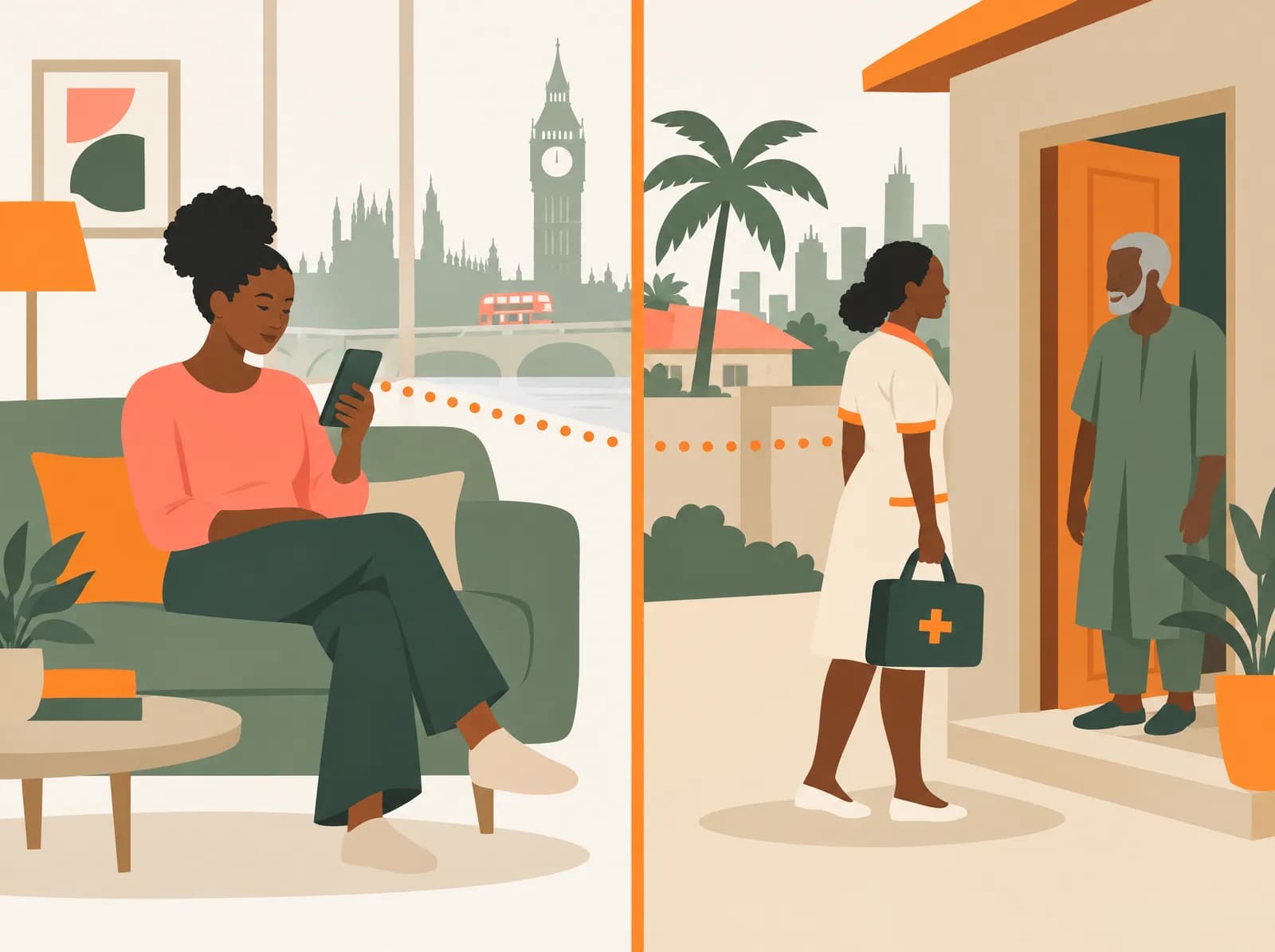 Illustration: a woman in London on her phone and a Kinship nurse arriving at a door in Lagos, joined by an orange line