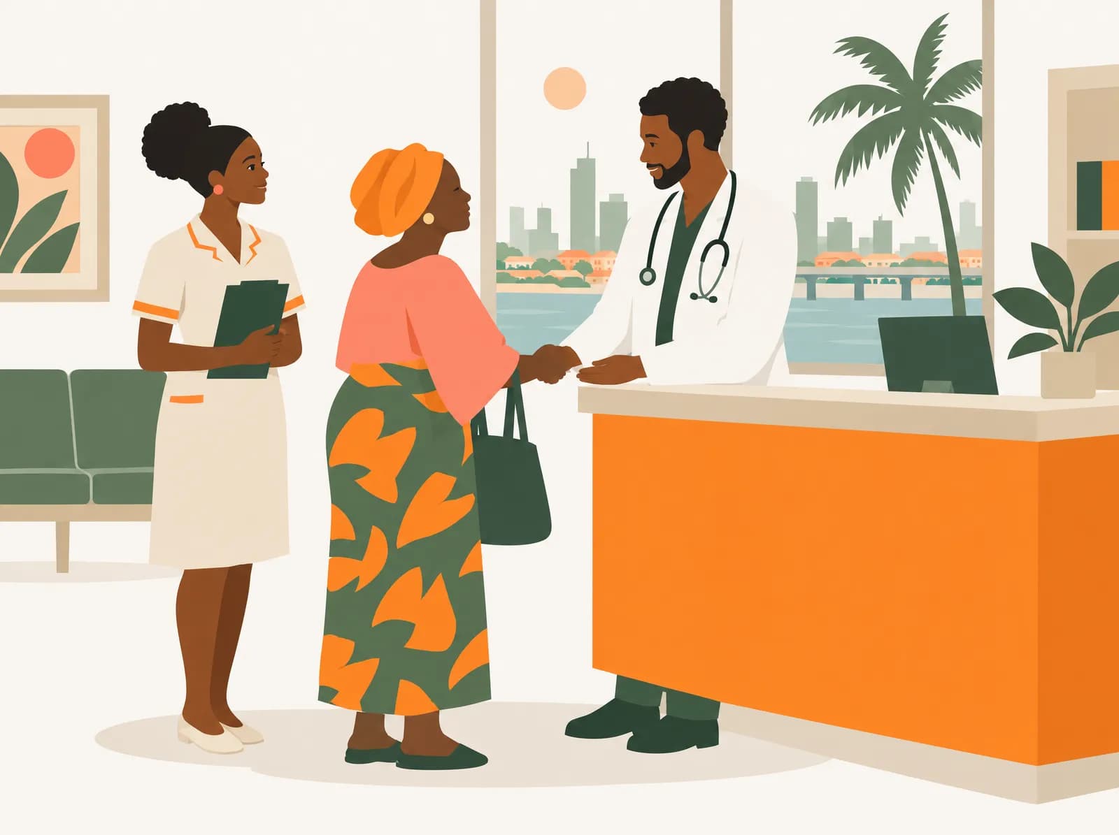 Illustration: a doctor and a Kinship nurse welcoming an older woman at a clinic in Lagos