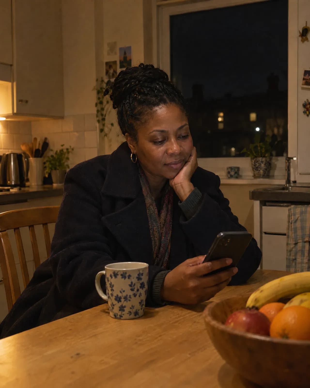 A woman at her kitchen table late at night, thinking after a call